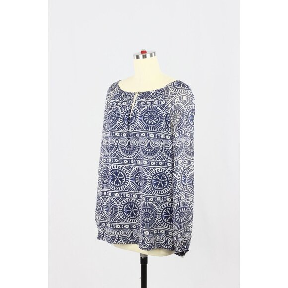 TORY BURCH Lisa Navy Blue Print Silk Georgette Tunic Blouse Top, Size 6 - Picture 4 of 13